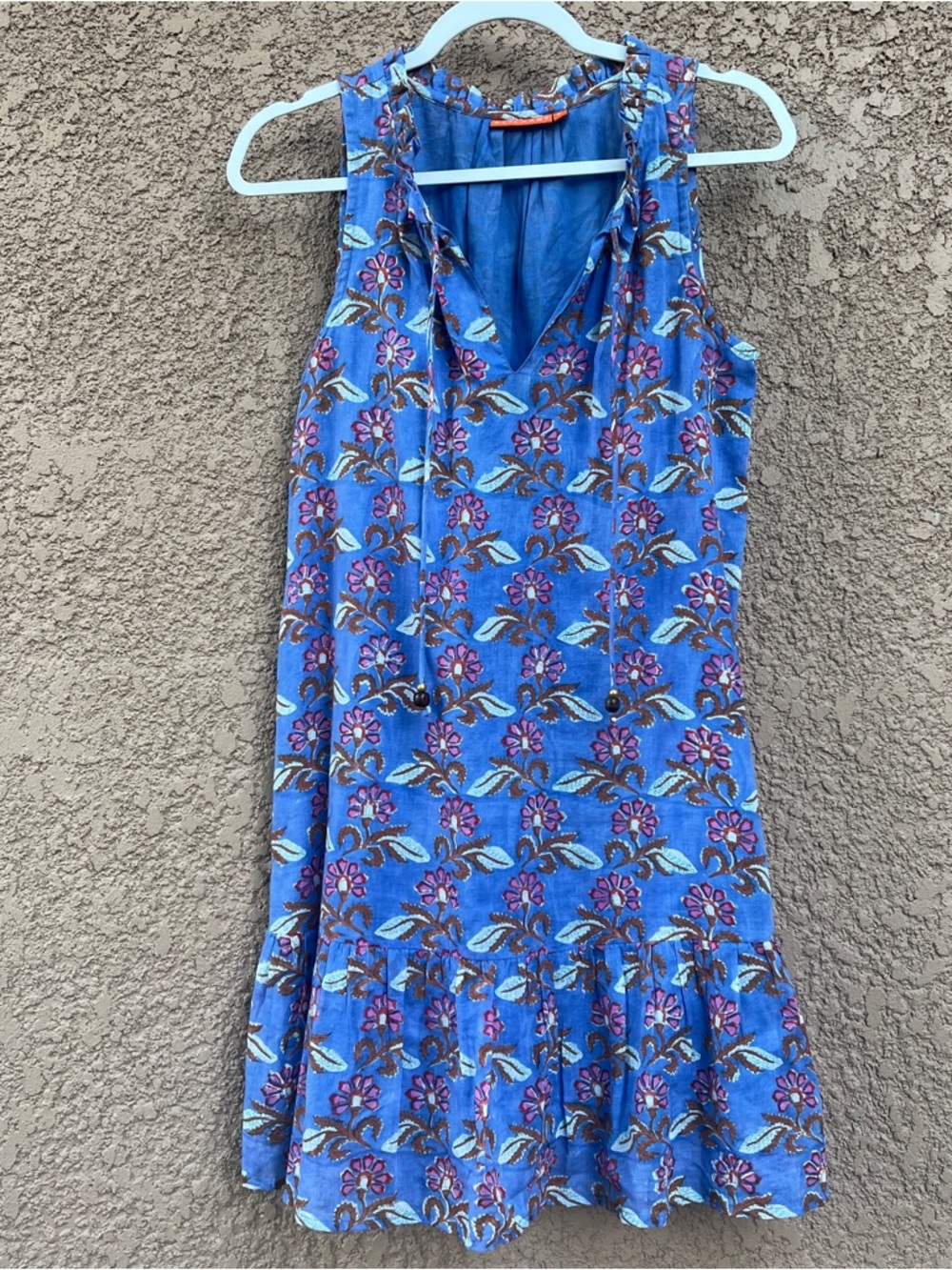 Oliphant Blue Floral Block Print Cotton Tiered Mini Dress Small Sleeveless Boho - Picture 11 of 14